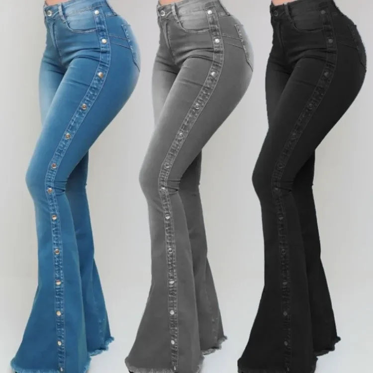 Jeans High Waist Strecth Denim Flare Pants Women Vintage Trousers Buttons Denims Streetwear 2024 Autumn Female Floor Length - Matrix-studios.com