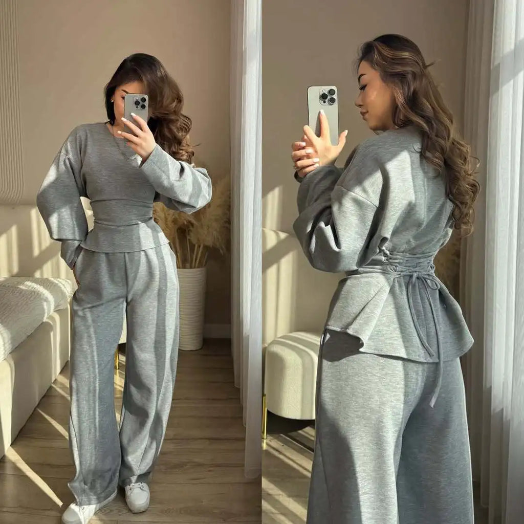 Zekye Women's Matching Sets Crew Neck Long Sleeve Simple Top Slim Trend Wide Leg Pants Set Women's Tracksuit 2026 Femme - Matrix-studios.com
