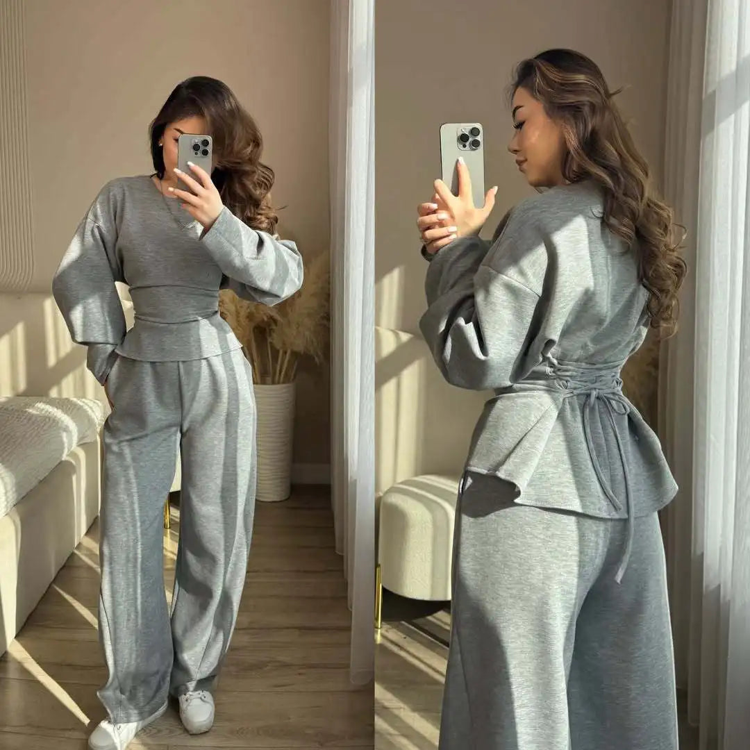 Zekye Women's Matching Sets Crew Neck Long Sleeve Simple Top Slim Trend Wide Leg Pants Set Women's Tracksuit 2026 Femme - Matrix-studios.com