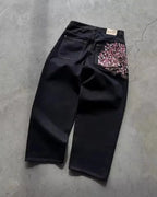 Hip Hop Cherry Blossom Embroidered Jeans Vintage Low Waist Wide Leg Trousers Y2K Clothes Mens Womes Embroidered Baggy Jeans - Matrix Studios