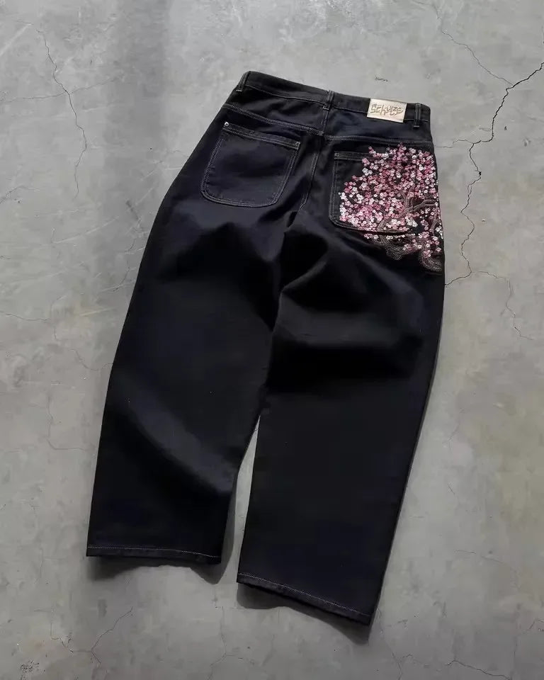 Hip Hop Cherry Blossom Embroidered Jeans Vintage Low Waist Wide Leg Trousers Y2K Clothes Mens Womes Embroidered Baggy Jeans - Matrix Studios