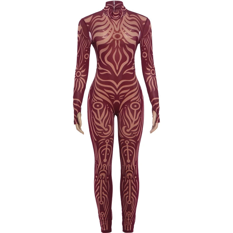Weird Puss Sexy Striped Print Jumpsuits Women Wild Style Turtleneck Full Sleeve Midnight Party Club Stretch Streetwear Overalls - Matrix Studios
