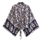 Happie Queens Floral Print Sashes Short  Kimono Women Fashion V Neck Batwing Sleeves Robe Lady Boho Bikini Cover-ups - Matrix Studios