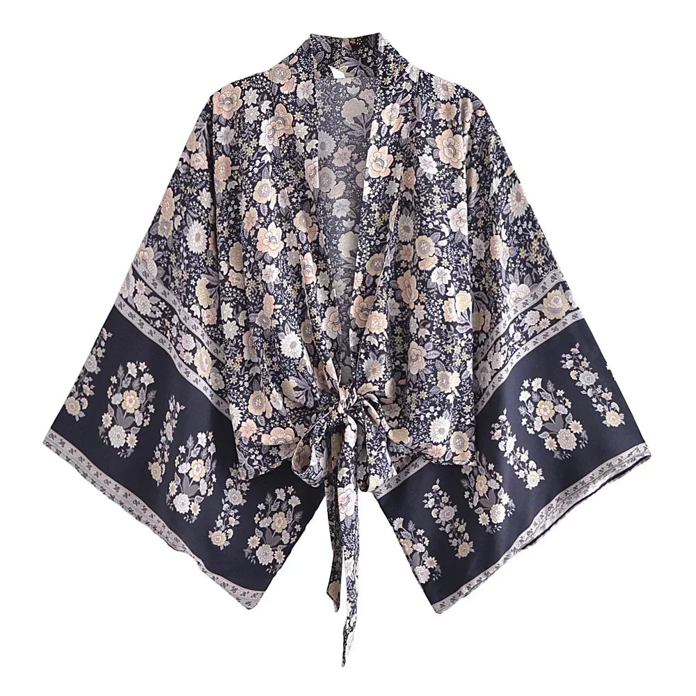 Happie Queens Floral Print Sashes Short  Kimono Women Fashion V Neck Batwing Sleeves Robe Lady Boho Bikini Cover-ups - Matrix Studios