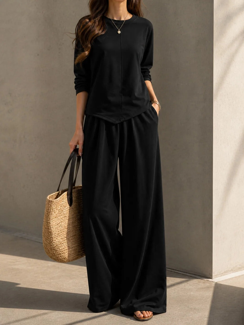 Women 2 Piece Outfit Set, Long Sleeve Irregular Hem Crewneck Top & Elastic Waist Wide Leg Pants, Casual Loose Matching Loungewear For Daily Travel - Matrix-studios.com