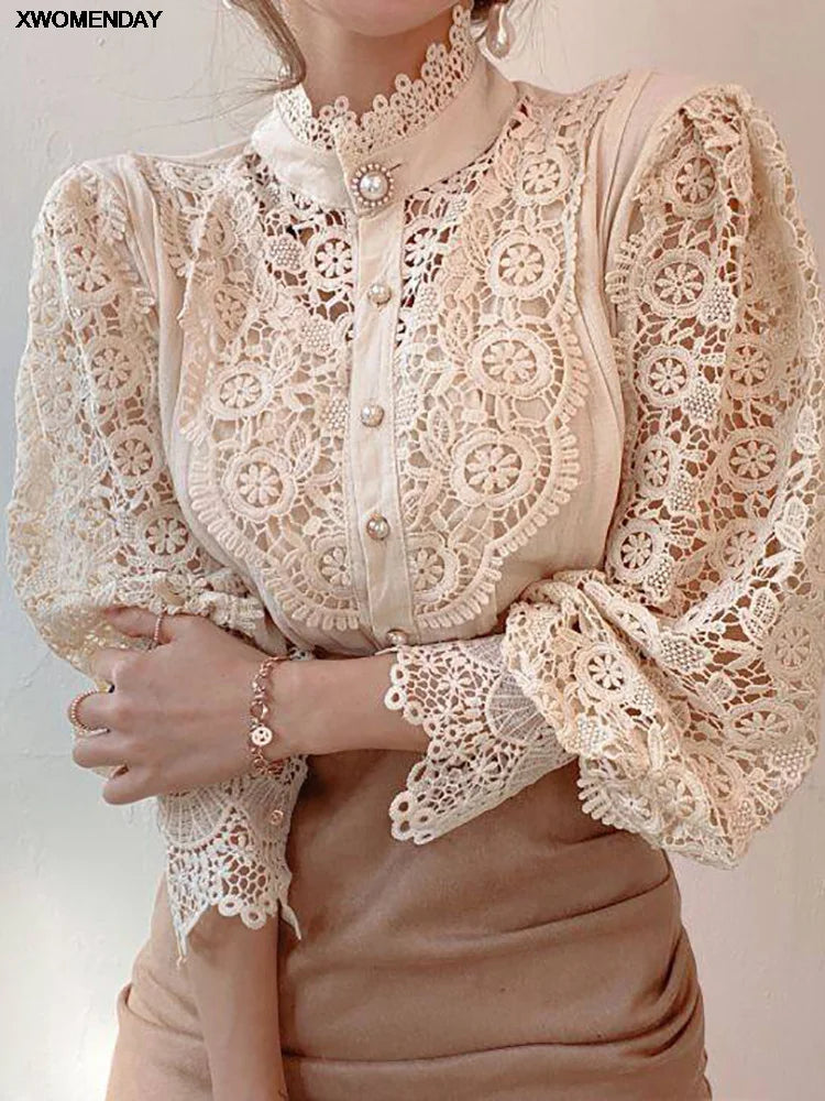 Women Chiffon Button Turtleneck Shirt Chic Elegant Floral Lace Fluffy Long Sleeve Top Fashion Hollow Oversize White Blouse 2025 - Matrix-studios.com