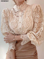 Women Chiffon Button Turtleneck Shirt Chic Elegant Floral Lace Fluffy Long Sleeve Top Fashion Hollow Oversize White Blouse 2025 - Matrix-studios.com