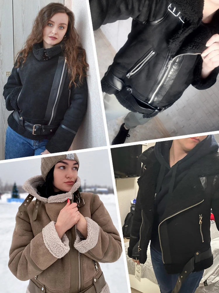 Ailegogo Winter Women Thick Warm Suede Lamb Jacket Short Motorcycle Brown Coats Faux Shearling Sheepskin Leather Jackets Outwear - Matrix Studios