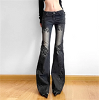 Women Gothic Y2k Flare Jeans Harajuku Baggy Denim Trousers 90s Aesthetic Low Waist Jean Pants Vintage 2000s Trashy Clothes 2024 - Matrix-studios.com