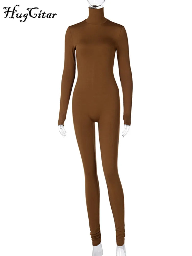 Hugcitar Long Sleeve Solid Turtleneck Skinny Bodycon Jumpsuit Autumn Winter Women Fashion Streetwear Casual Romper - Matrix Studios