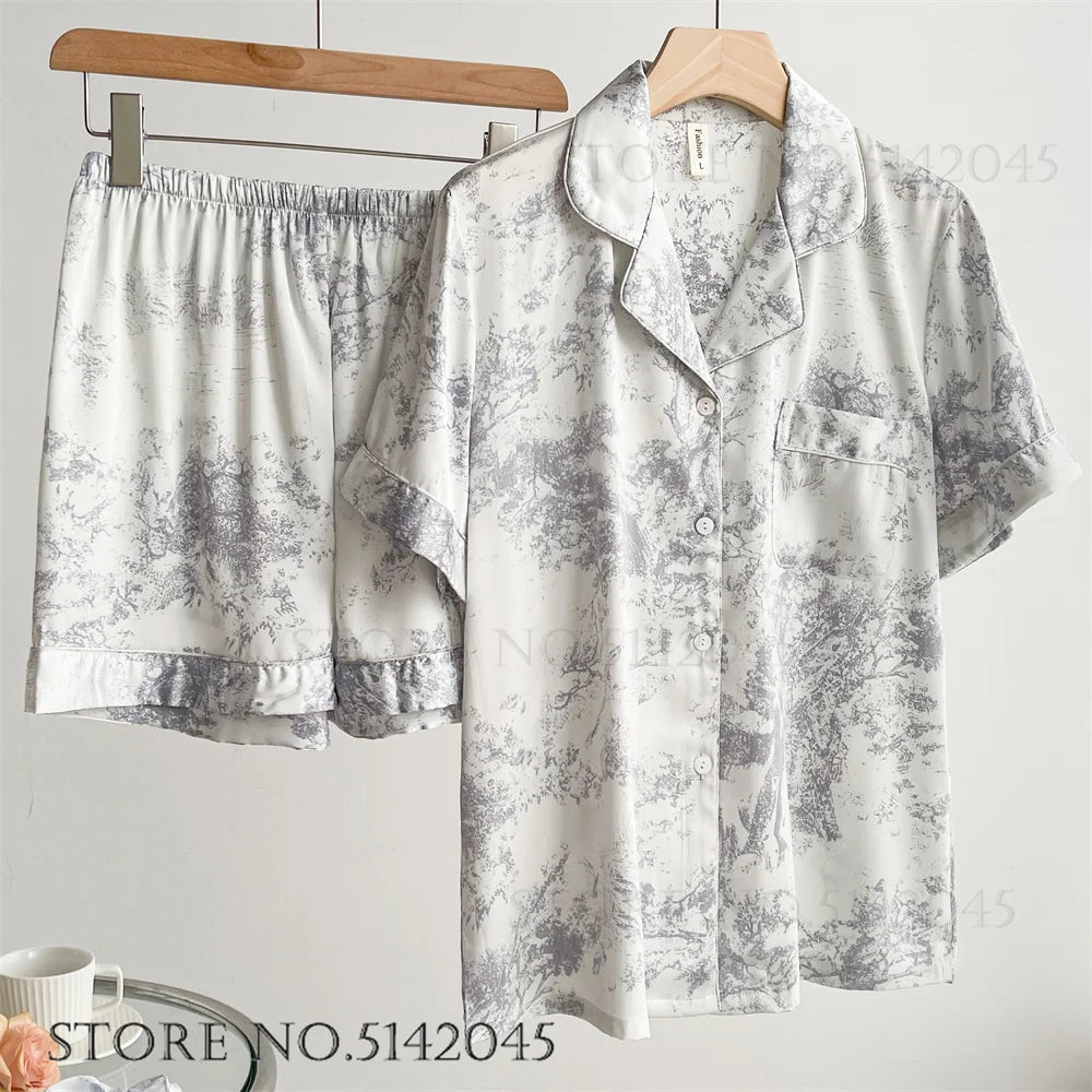 Fashion Print Flower 2PCS Pajamas Set Women Sleepwear Spring Summer Trouser Suits Lounge Wear Loose Satin Homewear Pijamas Suit - Matrix-studios.com