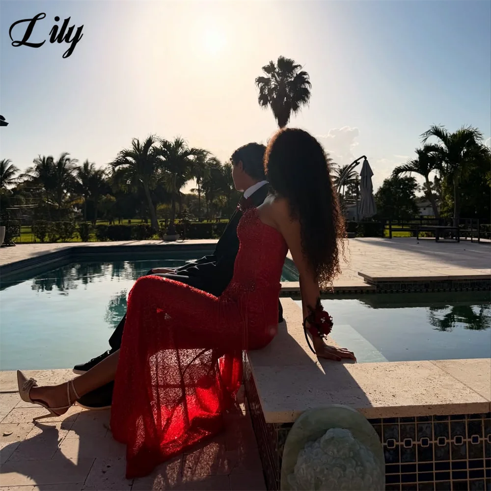 Lily Red Formal Dress Shiny Sequined Deep V-Neck Evening Gown Bead-Embellished Fringe and Side Split Prom Dresses Customized - Matrix-studios.com