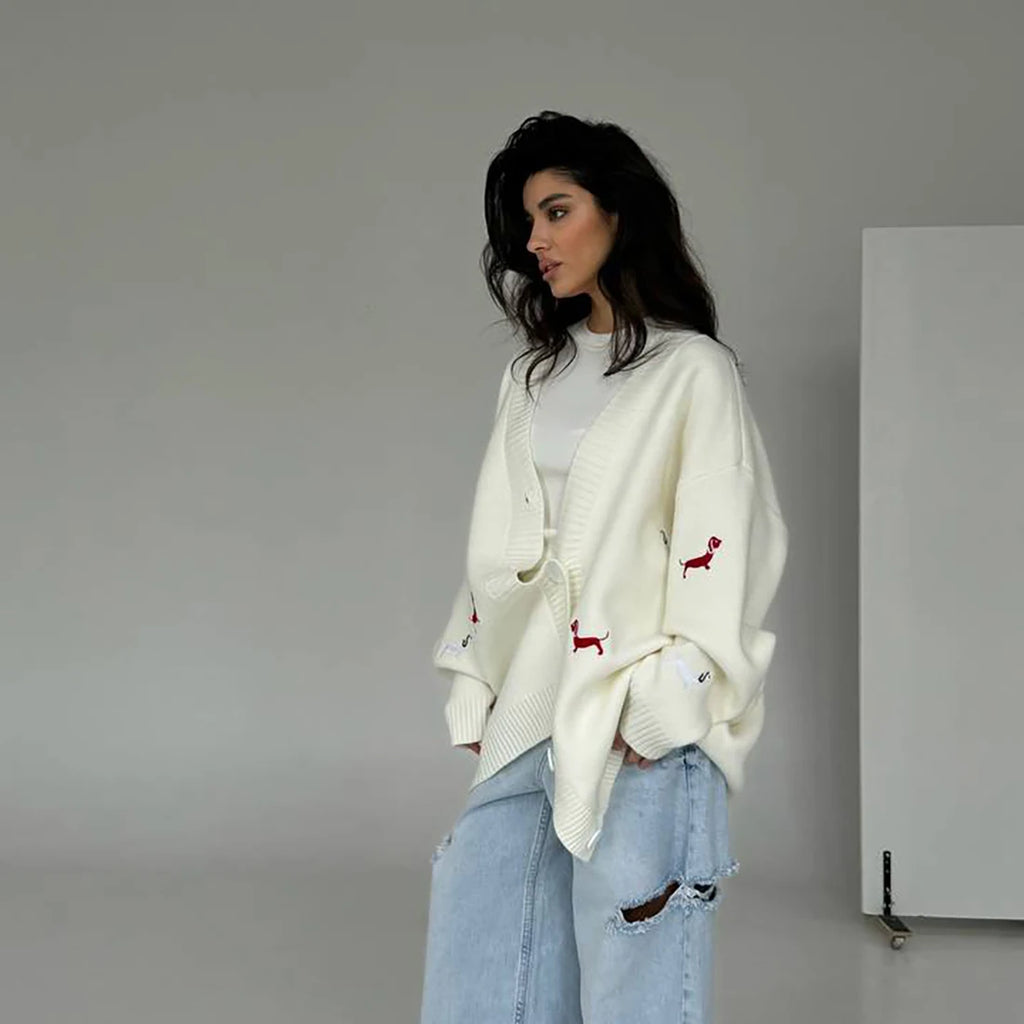 Zekye Cross-border Dachshund Embroidered Sweater Coat For Women Super Loose Soft Lazy Fashionable Knitted Cardigan Outerwear - Matrix Studios