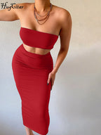 Hugcitar Women Elegant 2 Pcs Sets Strapless Sexy Tube Crop Tank Top Maxi Skirt 2025 Summer Women Casual Clothes Party Festival - Matrix-studios.com