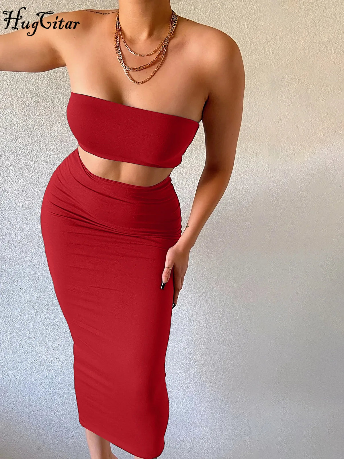 Hugcitar Women Elegant 2 Pcs Sets Strapless Sexy Tube Crop Tank Top Maxi Skirt 2025 Summer Women Casual Clothes Party Festival - Matrix-studios.com