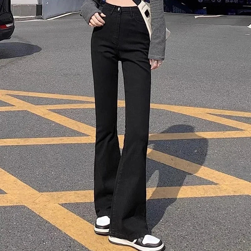 Woman American High Waist Slim Fit Bell Bottom Jeans Female Fashion Y2k Flare Pants Girls Elastic Designer Black Denim Trousers - Matrix-studios.com