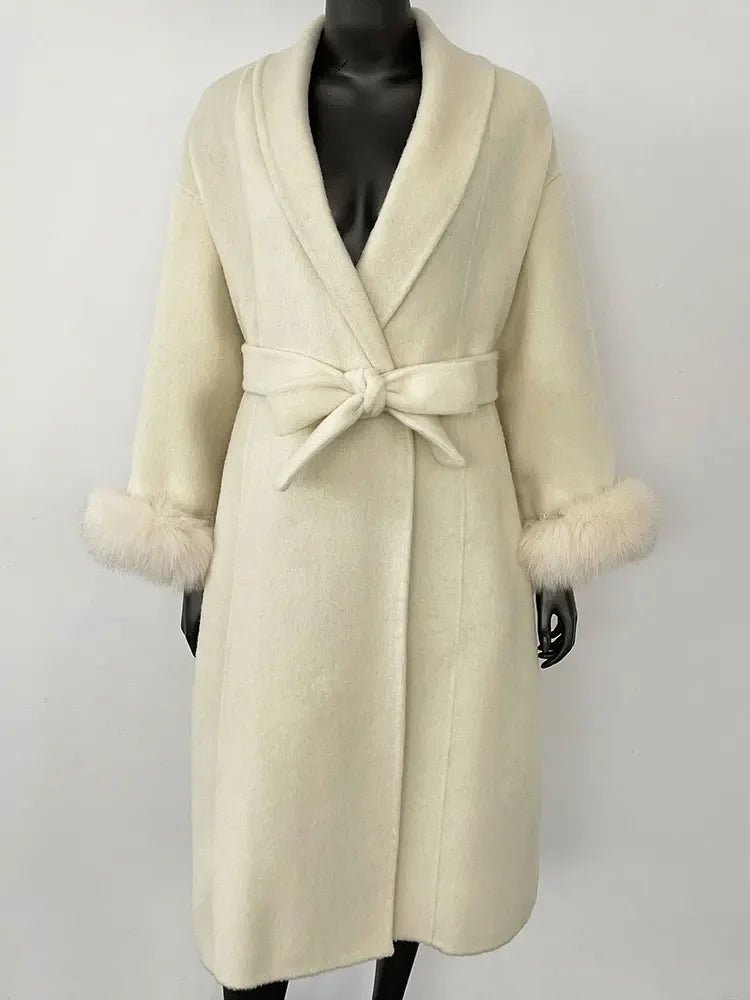OFTBUY Oversize Loose Autumn Winter Women Coat Real Natural Fox Fur V-neck Woolen Blends Jacket Thick Warm Casual New Overwears - Matrix Studios