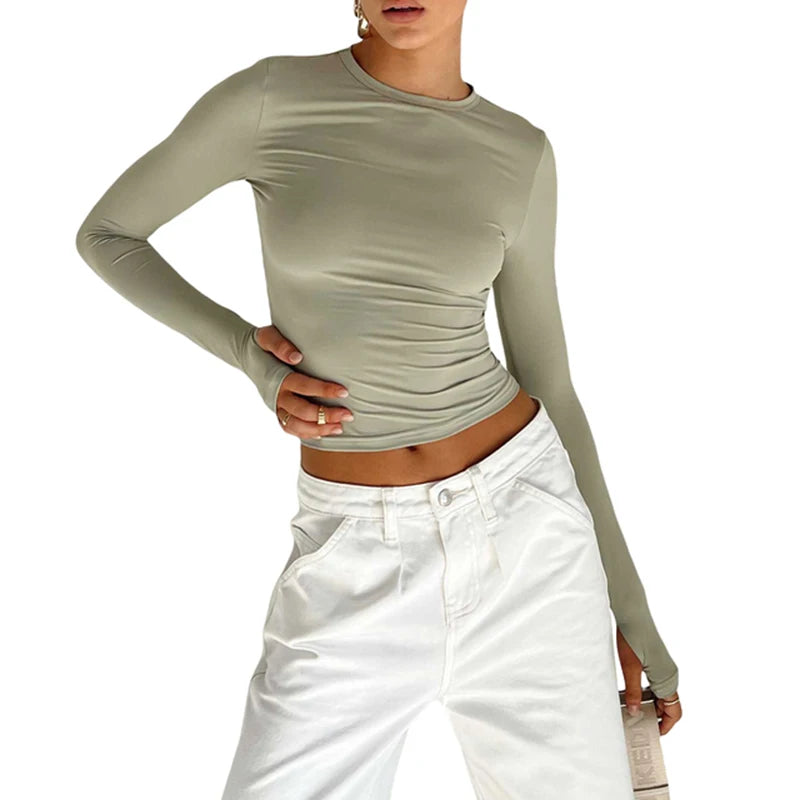 Fashion Women T-shirt Long Sleeve Crew Neck Solid Slim Fit Ladies Crop Top with Thumb Holes for Daily Streetwear Summer Camis - Matrix-studios.com