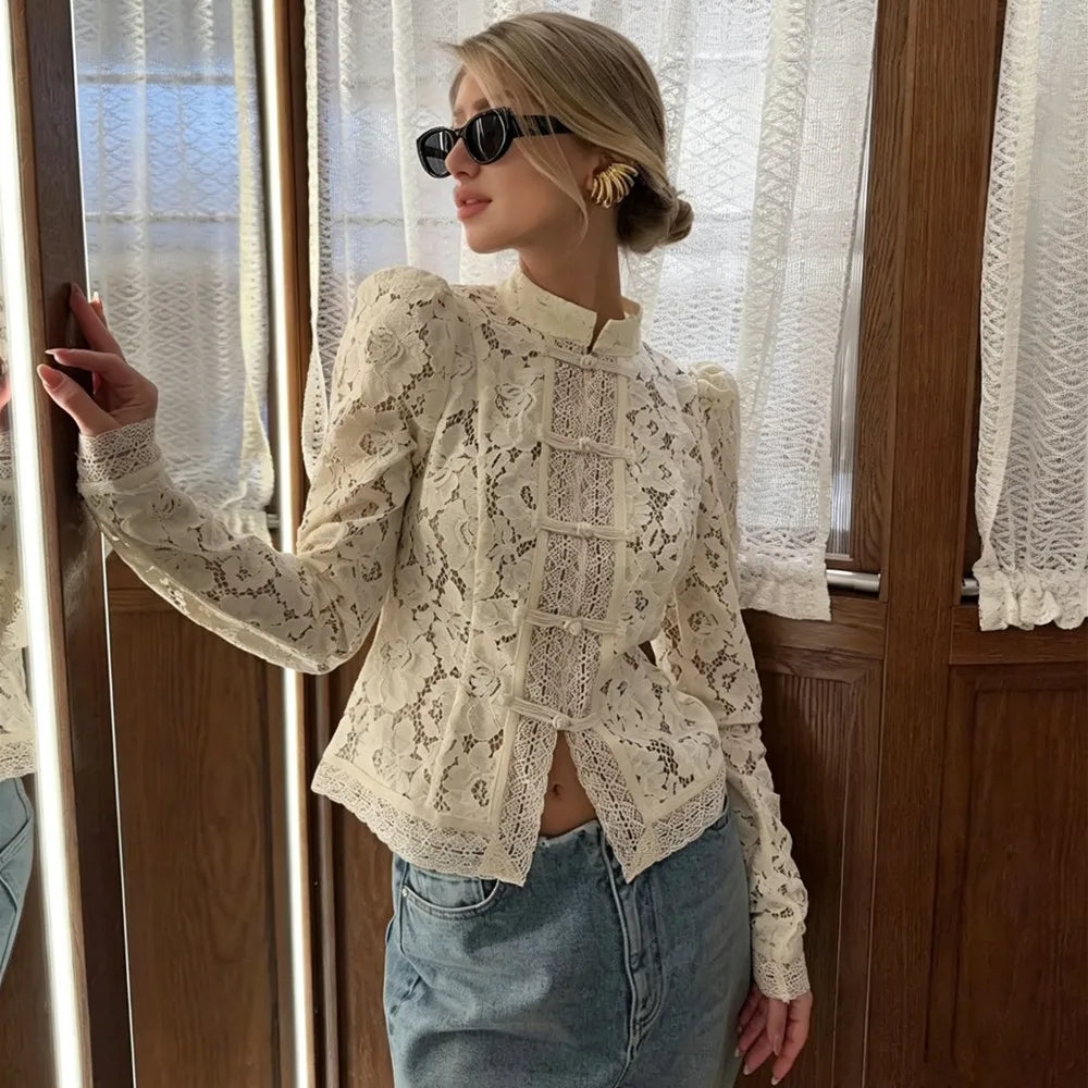 Ladies Vintage Lace Blouse Shirts Women Summer Hollow Out Casual Sand Collar Elegant Embroidery Puff Sleeve Sexy Top Shirts - Matrix-studios.com