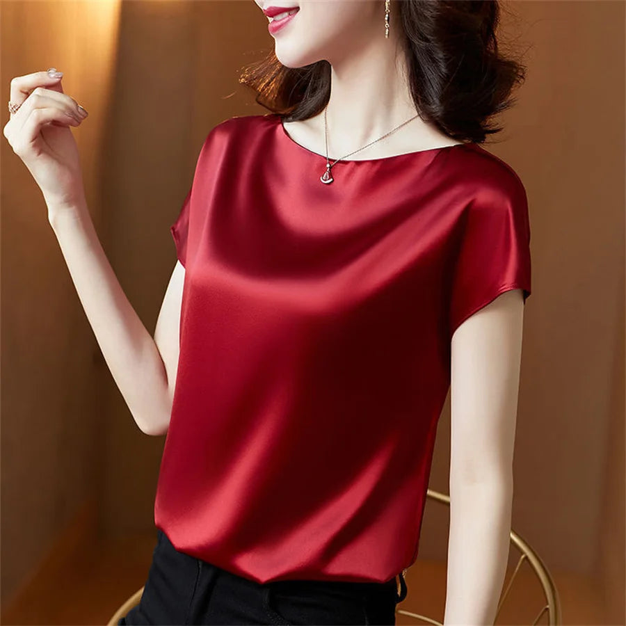 Office Lady Tops Summer Short Sleeve O-Neck Blouses Satin Blouse Women Shirts Simple Solid Casual Loose Shirt Blusas DF4904 - Matrix-studios.com