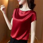 Office Lady Tops Summer Short Sleeve O-Neck Blouses Satin Blouse Women Shirts Simple Solid Casual Loose Shirt Blusas DF4904 - Matrix-studios.com