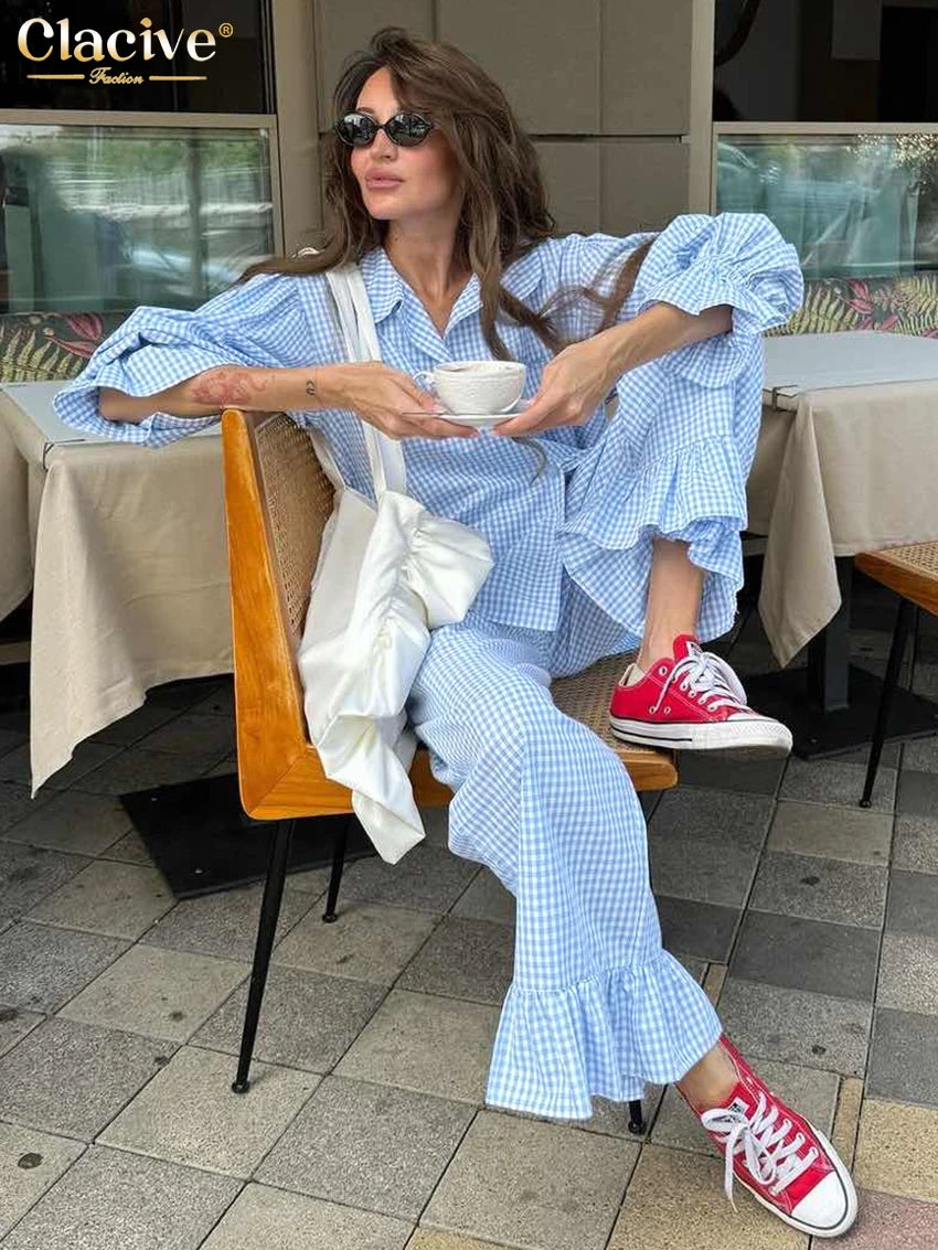 Clacive Fashion Loose Plaid Cotton Women's 3 Pieces Set 2025 Elegant Long Sleeve Shirt With High Wiast Wide Pants Set Female - Matrix-studios.com