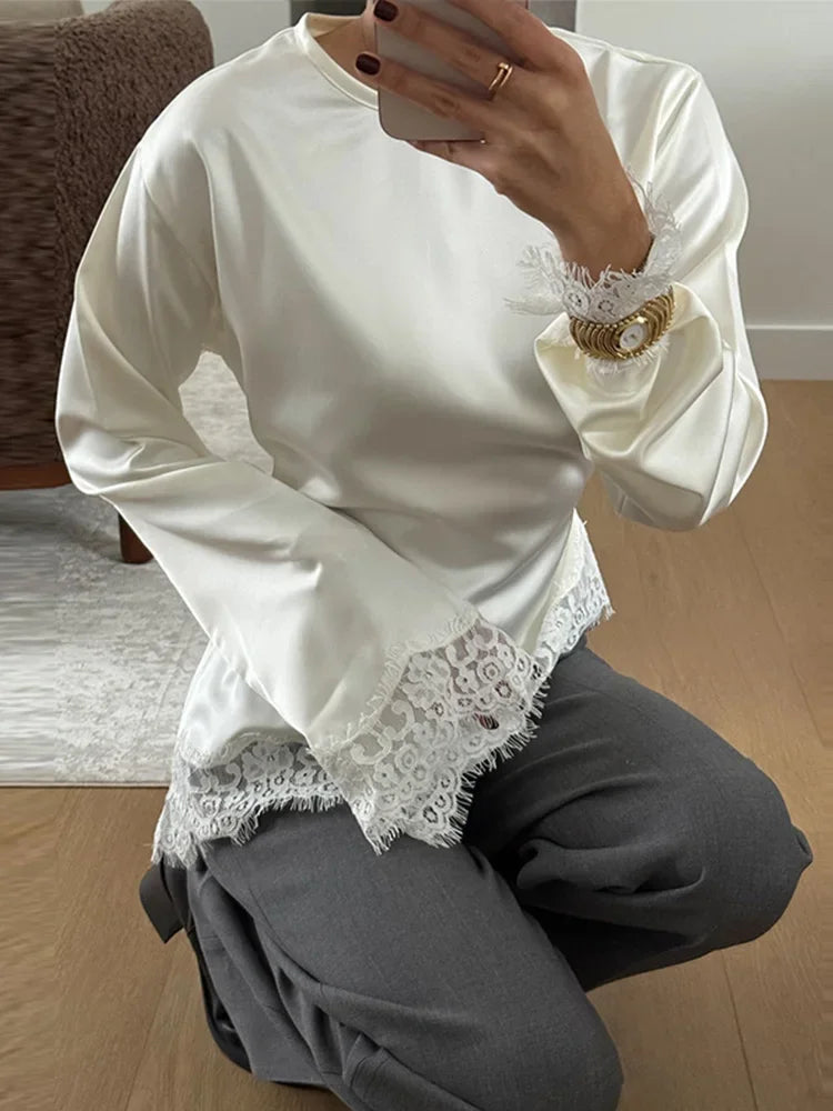 Elegant Patchwork Lace Women's Blouses Slim Lace Up O-neck Irregular Hem Female Top 2026 Spring Summer Lady All-matching Tops - Matrix-studios.com