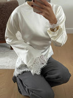 Elegant Patchwork Lace Women's Blouses Slim Lace Up O-neck Irregular Hem Female Top 2026 Spring Summer Lady All-matching Tops - Matrix-studios.com