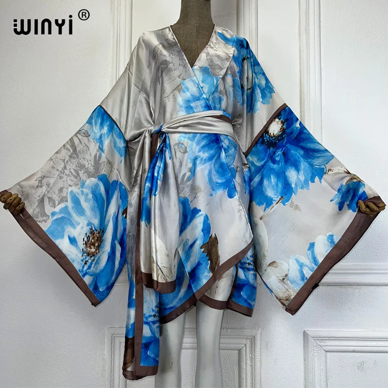WINYI Summer Beach Outfits Women Swim Suit Cover Up Kaftan Boho Cardigan Stitch Self Belt Sexy Holiday Long Sleeve Print Kimono - Matrix Studios