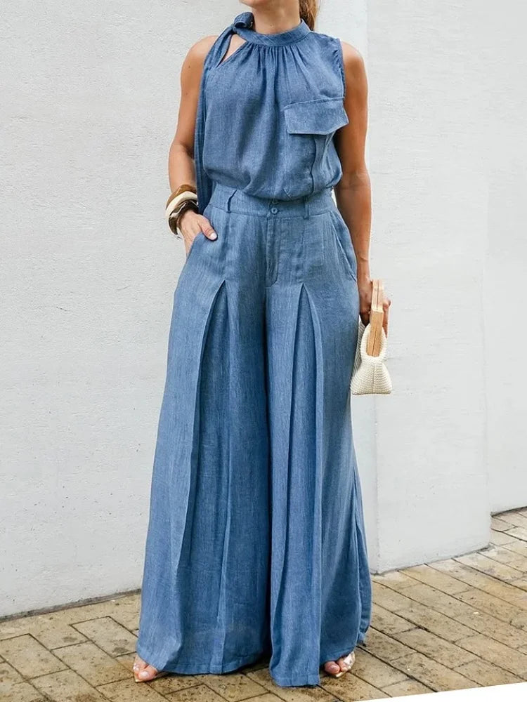 Pant Suit Halter Neck Tie Sleeveless Chest Pocket High Waist Pleated Wide Leg Trousers Matching Outfit For Women Vacation Daily Elegant Wear - Matrix-studios.com