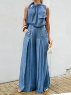 Pant Suit Halter Neck Tie Sleeveless Chest Pocket High Waist Pleated Wide Leg Trousers Matching Outfit For Women Vacation Daily Elegant Wear - Matrix-studios.com
