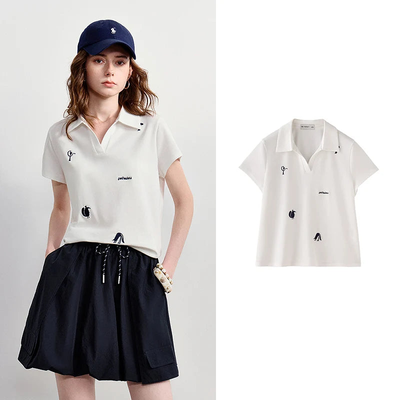 TOYOUTH Women Polo T-Shirt 2026 Summer Joint Name with Gongchangzhang Embroidered V-Neck Age-Reducing Trendy Tops - Matrix-studios.com