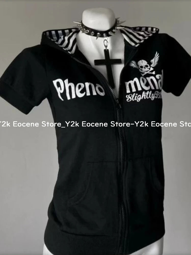 Y2K Subculture Skull Print Zip Cardigan Short Sleeve Women Japan Slim Fit Striped Hoodie Casual Tops Fashion Streetwear Clothes - Matrix Studios