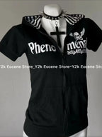 Y2K Subculture Skull Print Zip Cardigan Short Sleeve Women Japan Slim Fit Striped Hoodie Casual Tops Fashion Streetwear Clothes - Matrix Studios