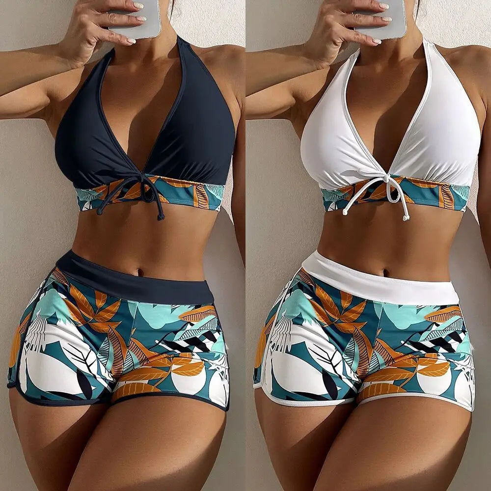 15 Colors Swimwear Women Two-Piece Suit Patchwork Halter Bikini Top With High Waisted Boxer Bottom College Sporty Surfing Suit - Matrix-studios.com