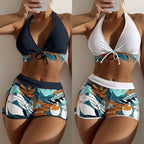15 Colors Swimwear Women Two-Piece Suit Patchwork Halter Bikini Top With High Waisted Boxer Bottom College Sporty Surfing Suit - Matrix-studios.com