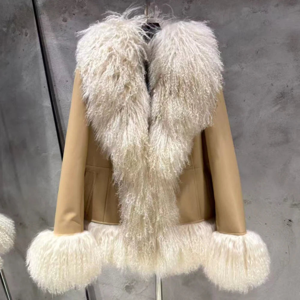 Sheep Collar Coats Women Winter Luxury Mongolian Fur Leather Jackets with Long Sleeve 7251 - Matrix Studios