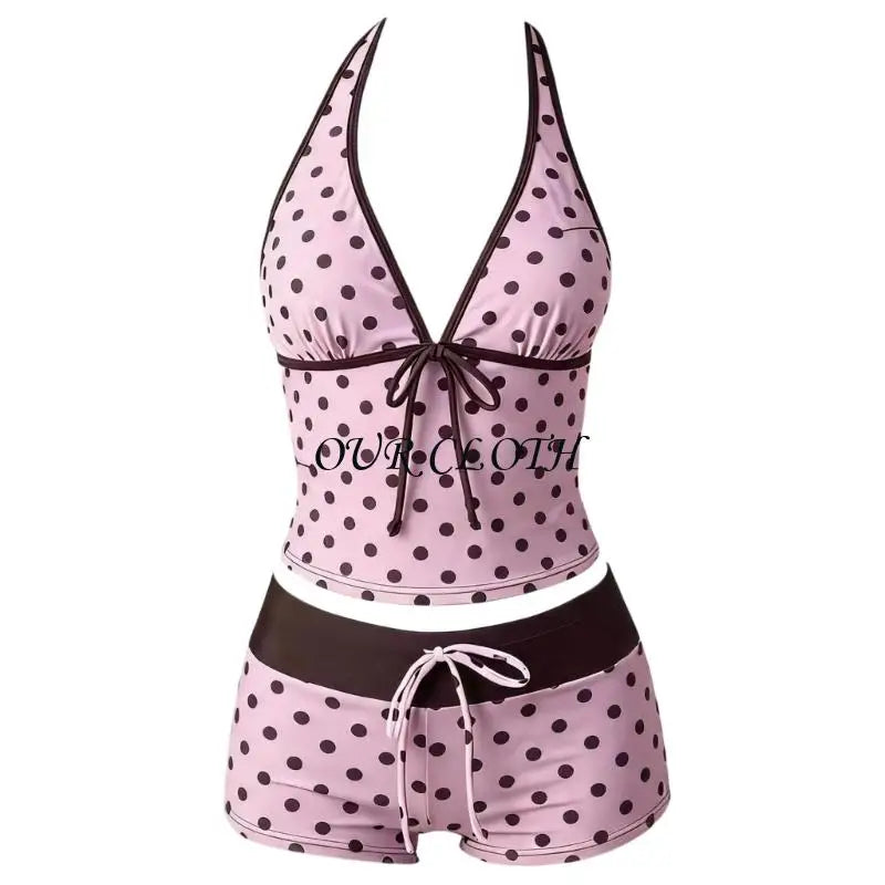 Women Polka Dot Tankini Swimsuit Halter V Neck Tie Front Waist Boyshort Set Contrast Color Stretch Beach Bathing Suit - Matrix-studios.com