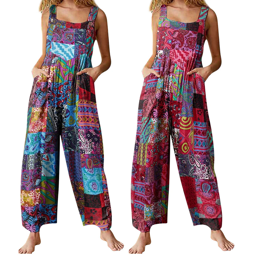 Captivating New Women Summer Overalls, Multicolor Ethnic Style Square Neck Sleeveless Casual Jumpsuit with Pockets for Girls - Matrix Studios