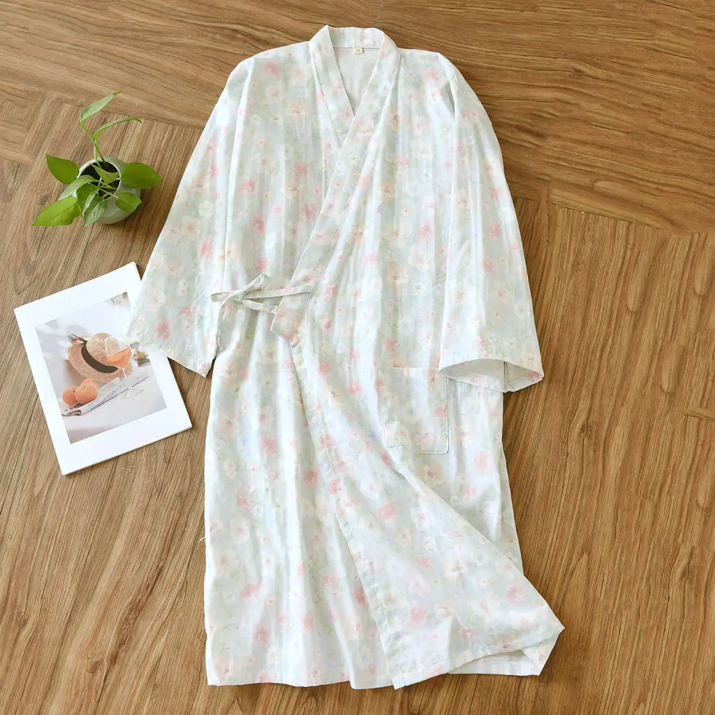 Japanese-style Kimono Pajamas Summer New 100% Cotton Gauze Pajamas Nightgown Ladies SPA Yukata Homewear Long Pajamas Women - Matrix-studios.com