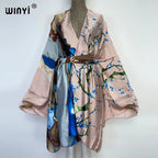 2022 WINYI Summer Beach Wear Swim Suit Cover Kaftan Sweet Lady Boho Cardigan Stitch Self Belted Sexy Holiday Long Sleeve Kimono - Matrix Studios