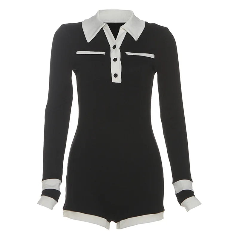 Color Patchwork Ribbed Skinny Playsuits 2025 Autumn Women Fashion Polo-neck Long Sleeve Buttons Slim Casual Rompers Streetwear - Matrix Studios