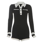 Color Patchwork Ribbed Skinny Playsuits 2025 Autumn Women Fashion Polo-neck Long Sleeve Buttons Slim Casual Rompers Streetwear - Matrix Studios