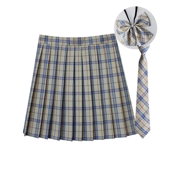 Women Summer Plaid Pleated Skirt With Necktie Bowtie Korean Jk Skirt Uniform Japanese School Preppy A Line Mini Skirts - Matrix-studios.com