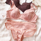 Women Ice Silk Comfort Underwear Sexy Small Breast Push Up Bra Set Detachable Padding Thin Cup Brassiere Intimates Panties Set - Matrix-studios.com