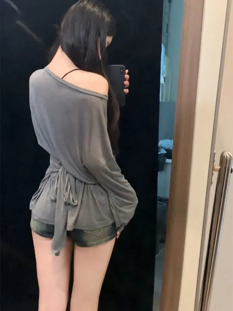 See Through Long Sleeve Oversize T Shirt Women Sexy Back Bandage Off Shoulder Top Female Basic Long Tees Korean Chic Lady New - Matrix-studios.com