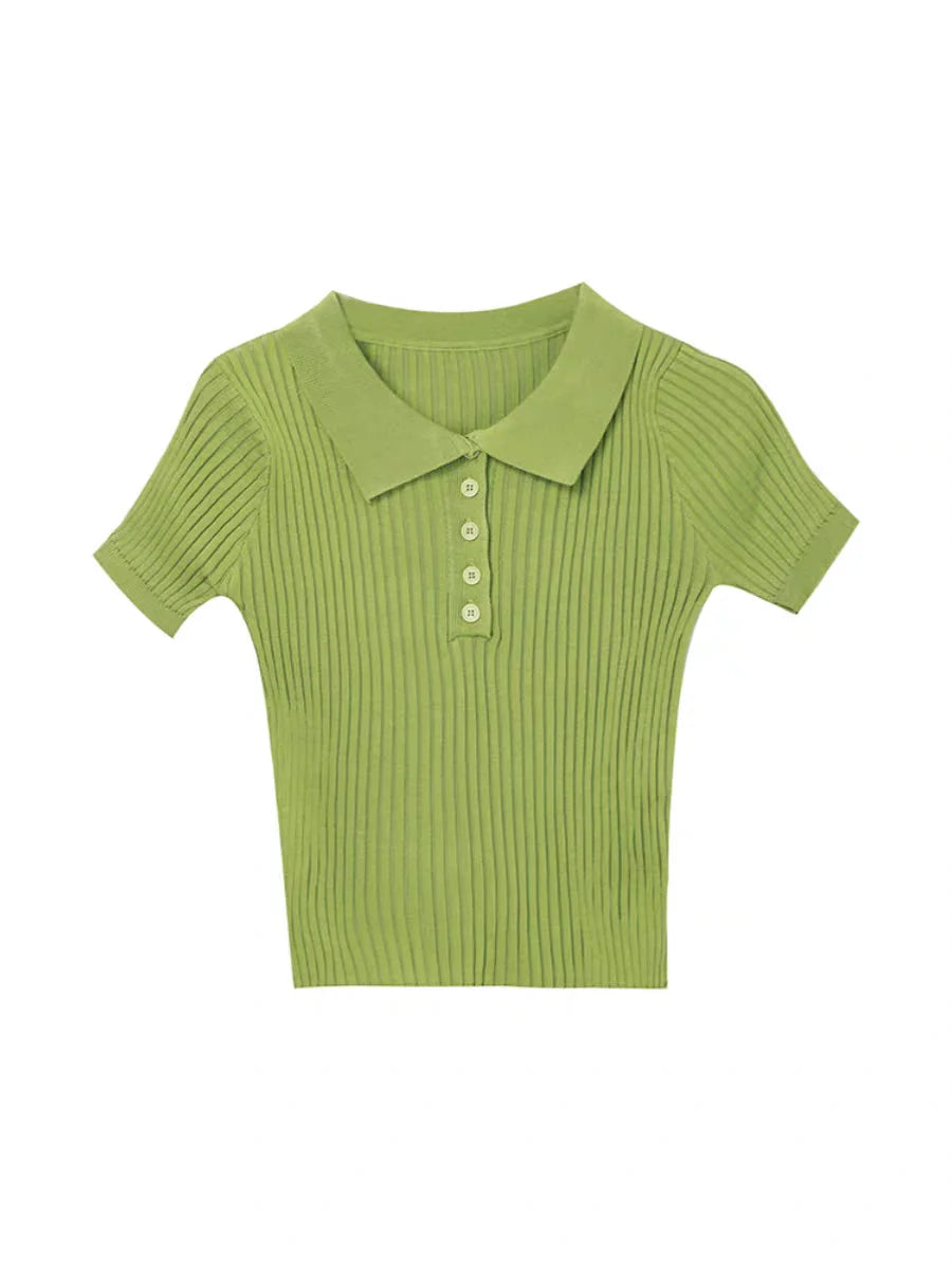 New Polo Women TShirt Ribbed Knitted Sexy Tops Summer Basic Shirts Skinny Slim Casual Short Sleeve Vest Women's Top White Black - Matrix-studios.com