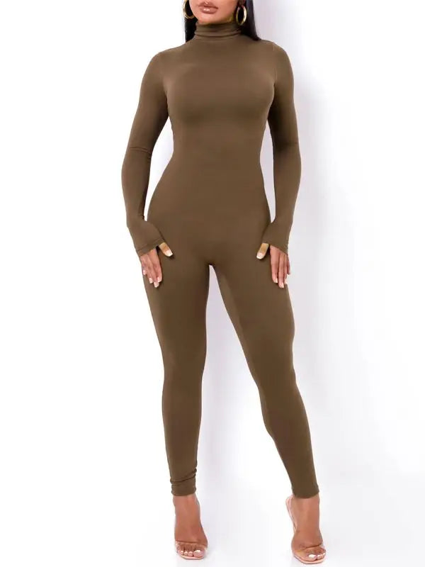 Hugcitar Long Sleeve Solid Turtleneck Skinny Bodycon Jumpsuit Autumn Winter Women Fashion Streetwear Casual Romper - Matrix Studios