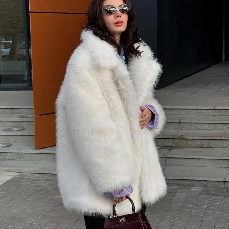 New Thick Cotton Winter Fur Coat Women Suit Collar White Medium Long Luxury Fox Fur Overcoat  High Quality Fury Plush Jacket - Matrix Studios