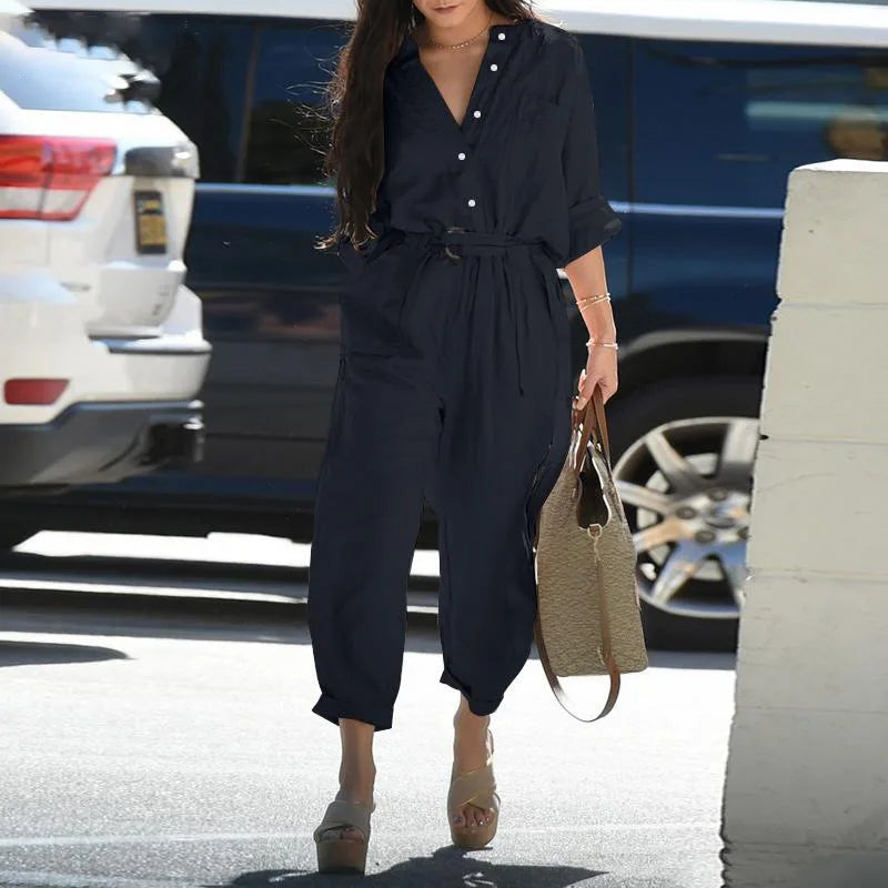 Spring Autumn New Cotton And Linen Jumpsuit Women Solid Color Long Sleeves High Waist Leace-up Casual Vintage Ladies Jumpsuits - Matrix Studios